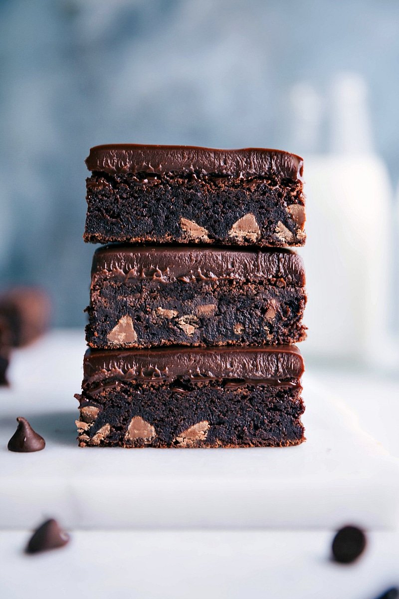 Three Gluten-Free Brownies stacked on top of each other.