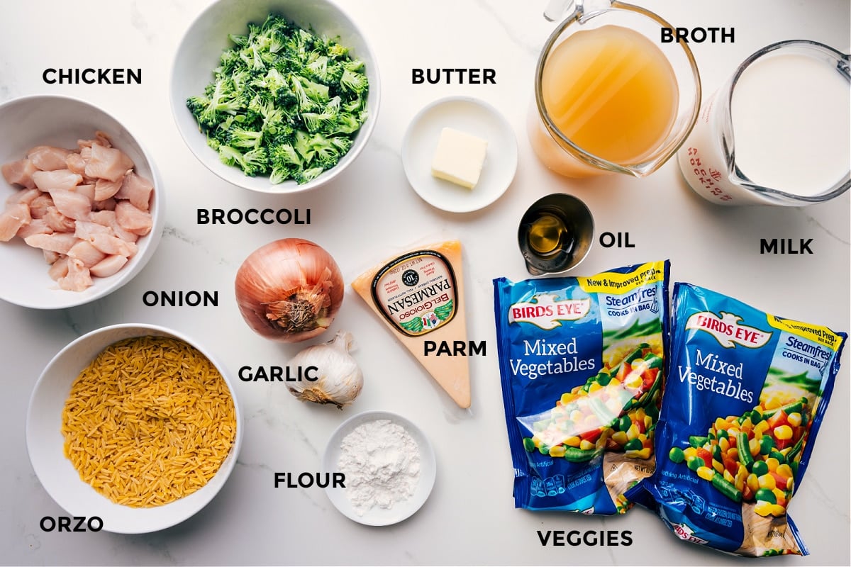 All the ingredients prepped and ready for easy assembly: chicken, orzo, broccoli, onion, garlic, flour, butter, oil, veggies, broth, and milk.