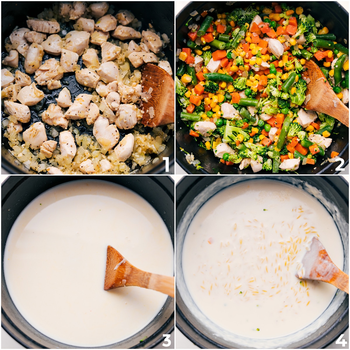 The chicken is cooked through, then the veggies, creamy sauce, and orzo are added and simmered until everything is tender and creamy.