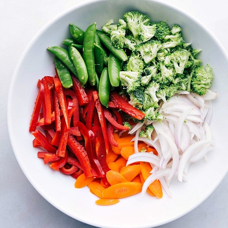 Freshly chopped vegetables prepared for the chicken stir fry recipe.