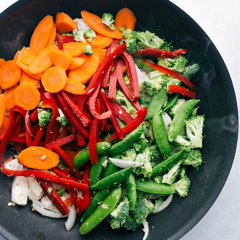Image of all the fresh vegetables in the skillet ready to be cooked for this chicken and broccoli stir fry