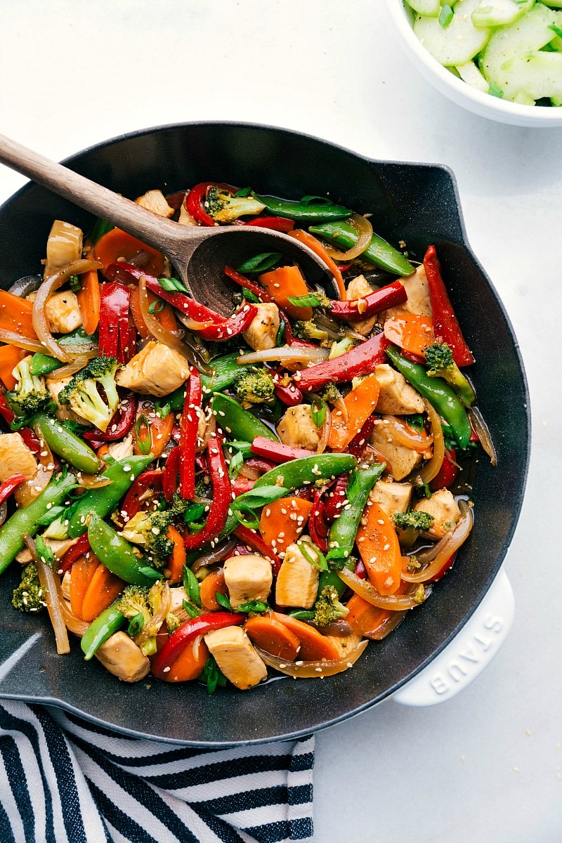 Chicken stir fry in a skillet, brimming with vegetables and rich flavors, prepared for serving.