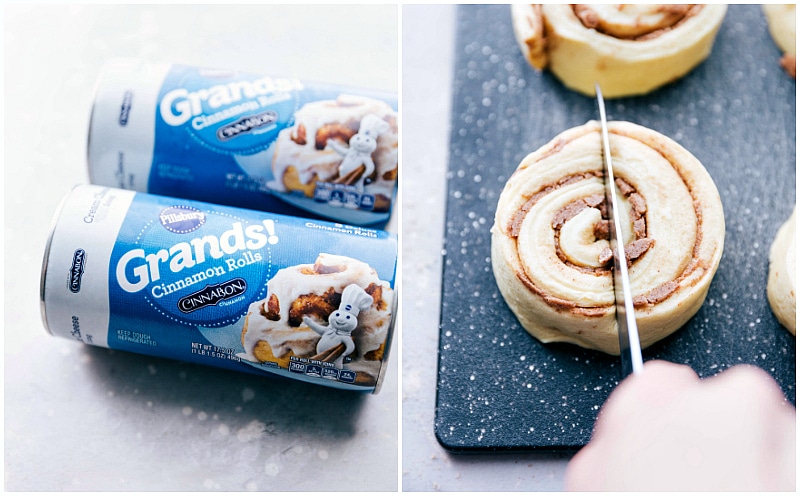 Cinnamon rolls that go into this monkey bread being cut into fourths.