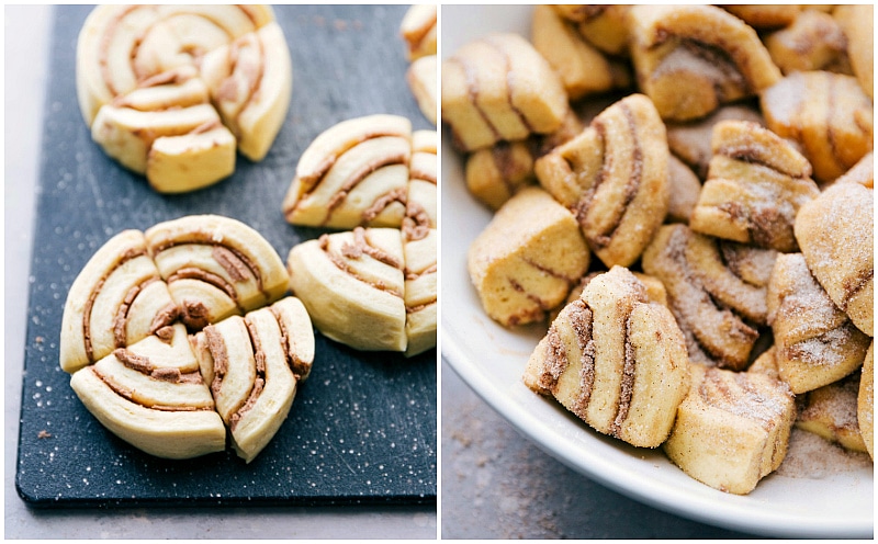 Images of the dough being cut and then rolled in the cinnamon sugar.