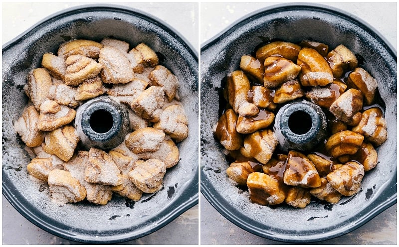 The dough pieces being added to the bundt pan and the brown sugar sauce being poured on top.