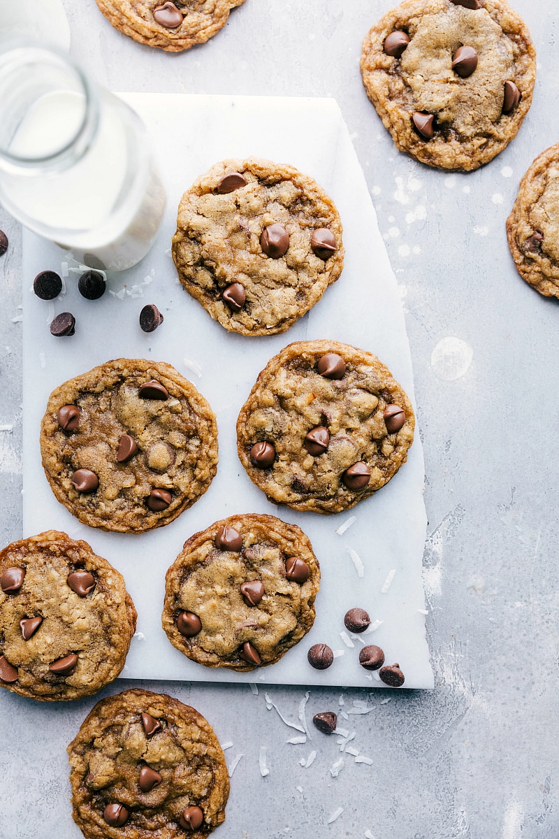 A freshly baked batch of oatmeal coconut chocolate chip cookies, ready to be enjoyed, with every bite full of flavor and delightful textures.