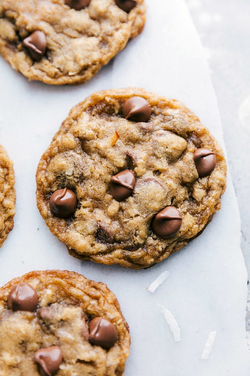 Up-close image of Coconut-Oatmeal Cookies fresh out of the oven.