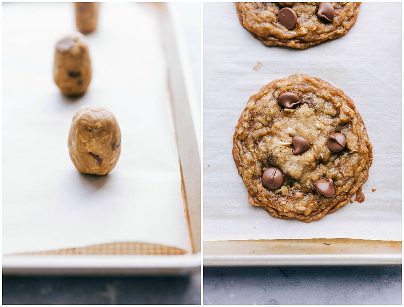 Process shot-- Image of the cookie dough rolled into tall balls and then an image of them baked fresh out of the oven.