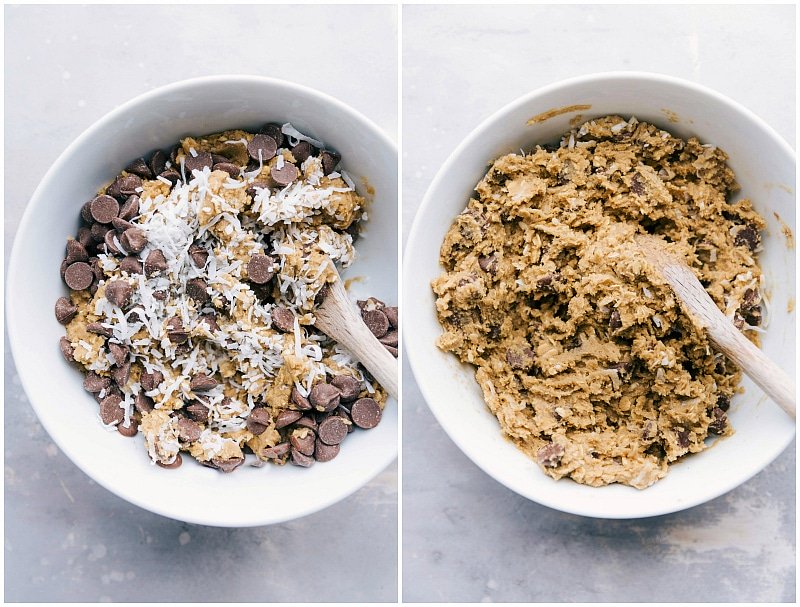 Process shot-- Image of the chocolate chips and coconut being mixed together into the dough for these Coconut-Oatmeal Cookies.