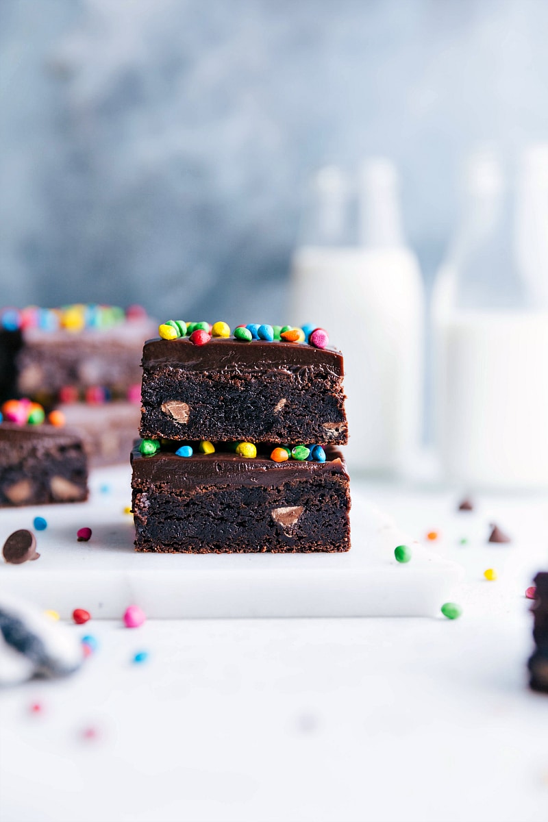 Image of the cosmic brownies ready to eat with one stacked on top of the other