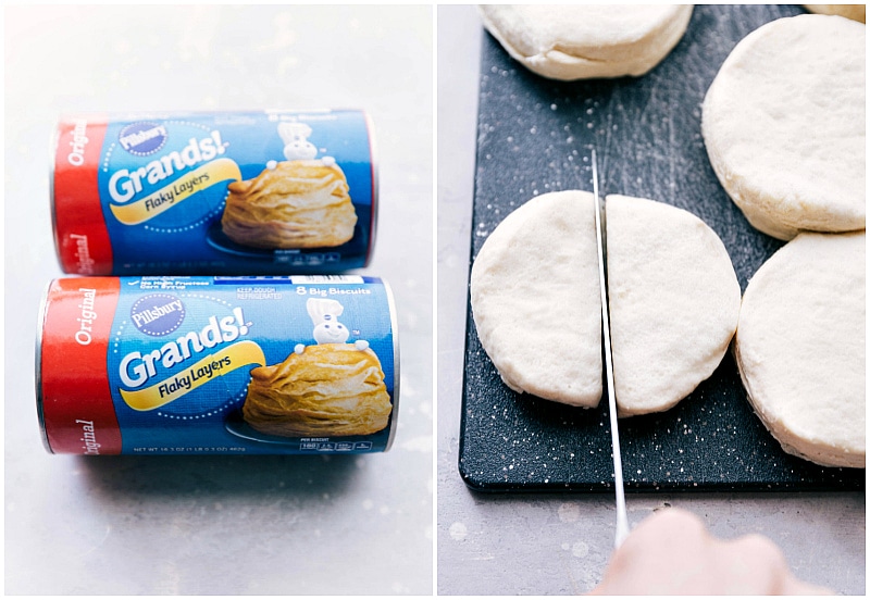 Biscuits being cut and prepared for the monkey bread recipe.