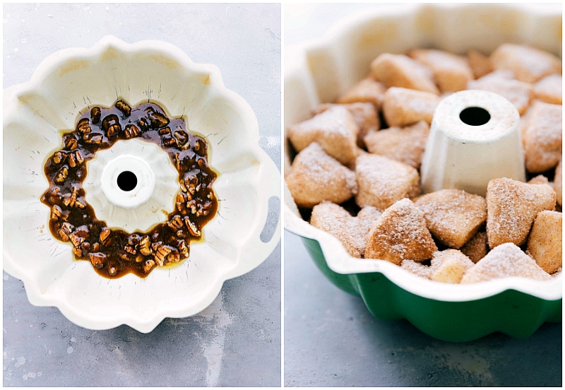 Layering the pecan and brown sugar topping in the bottom of the pan, followed by placing cinnamon-sugar covered biscuits on top, prepared for baking.