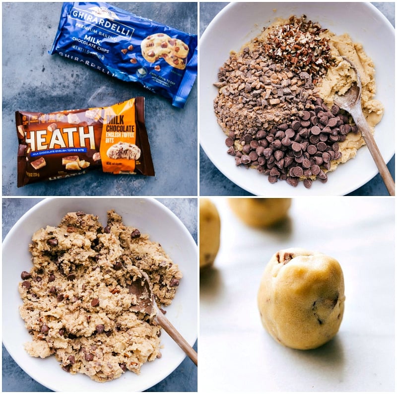 Images of the chocolate chips and toffee chips being added to the dough and mixed together; an image of a dough ball on the tray.