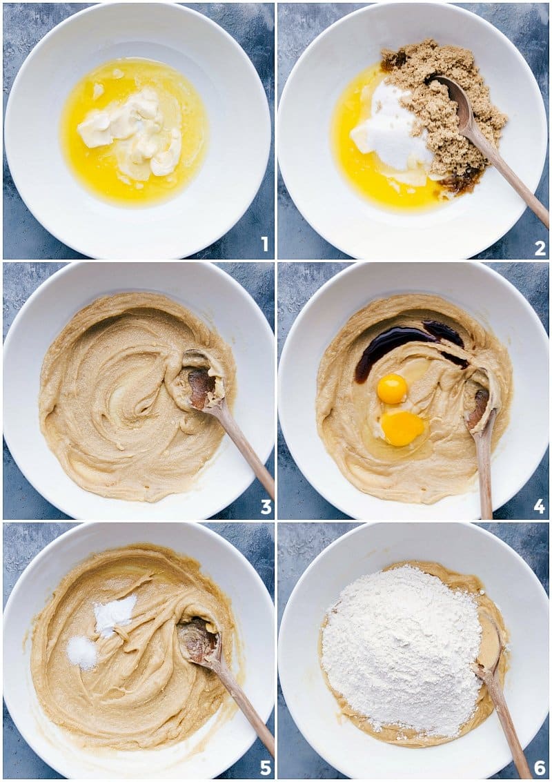 Process shots-- images of the Toffee Cookie dough being measured and mixed together; adding the wet and the dry ingredients.