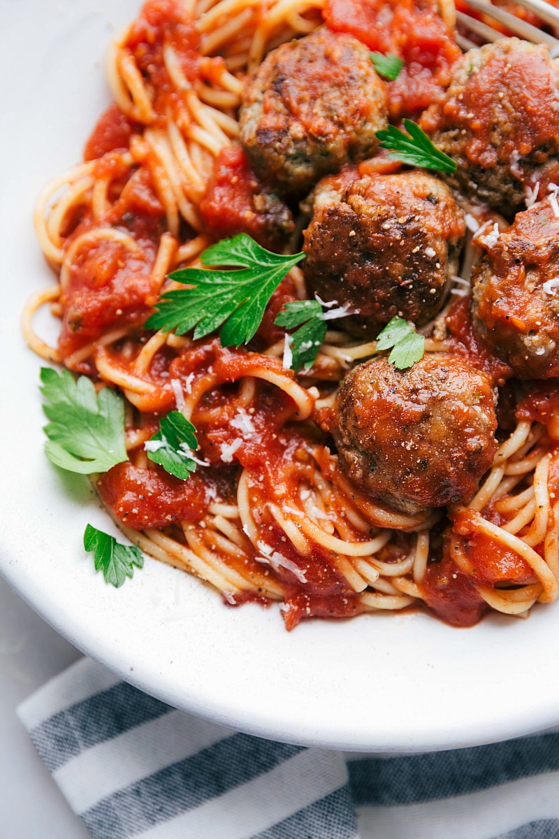 Finished shot of Turkey Meatballs mixed with pasta and red sauce, ready to eat.