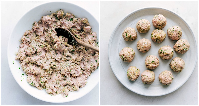 Image of the Turkey Meatballs in the bowl all mixed together; another image of them all rolled into meatballs.