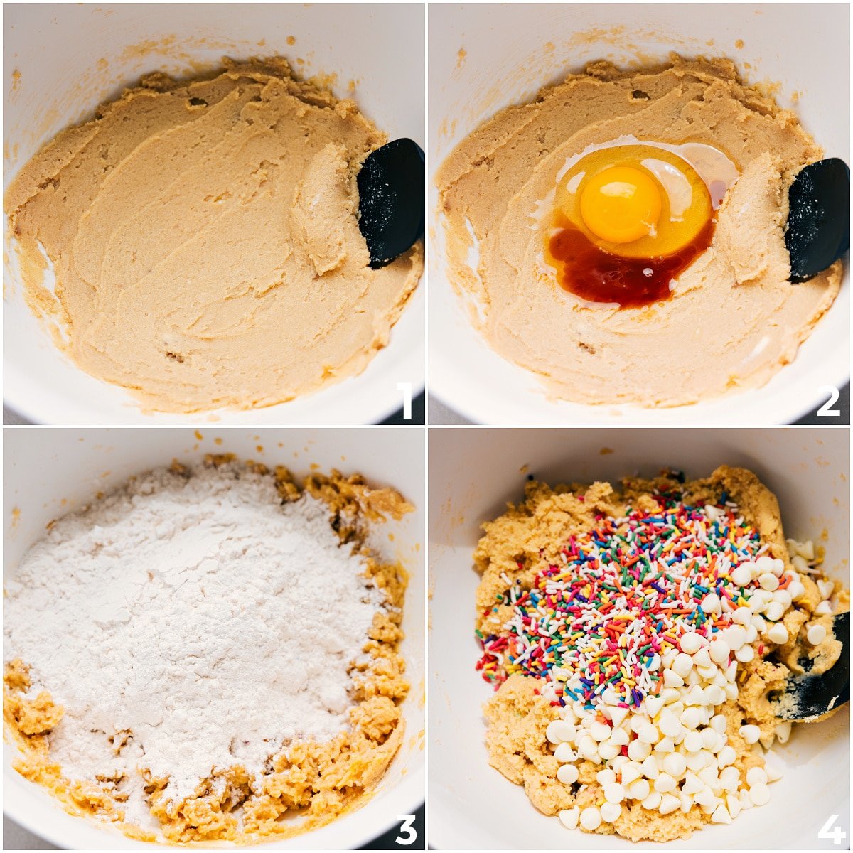 The dough is mixed by combining the wet and dry ingredients, then adding in the sprinkles and chocolate chips or this cake batter cookies.