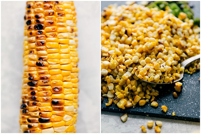 Process shot-- Image of the grilled corn on the cob and the kernels being removed for Creamy Corn Salad.