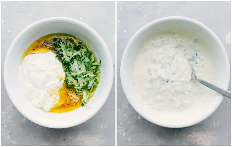 Making tzatziki sauce by combining the ingredients until smooth, capturing the preparation of this flavorful and creamy sauce.