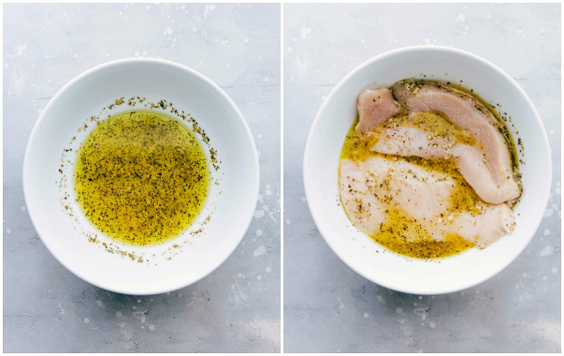 Process shot of the marinade in a bowl and then the chicken being added to it.