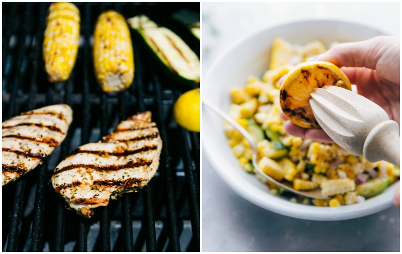 Meat, corn, and lemon slices on the grill, capturing the grilling process, followed by the juicing of the lemon and adding the juice to the salad.