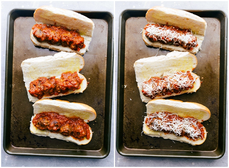 Stuffed buns arranged on a sheet pan, prepared for baking with cheese added on top, setting the stage for the final step in making this delicious meal.