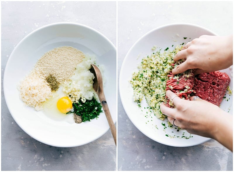 The process of mixing seasonings into ground meat, creating a perfect combination of flavors for the recipe.