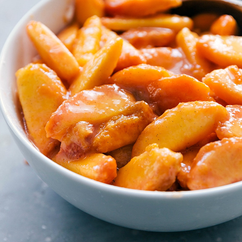 Process shot-- Image of the peaches being prepped for the pie filling.