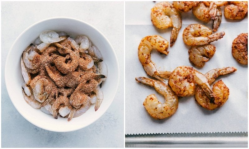 Process shot-- Image of the shrimp being seasoned and put on a sheet pan for Shrimp Fajitas.