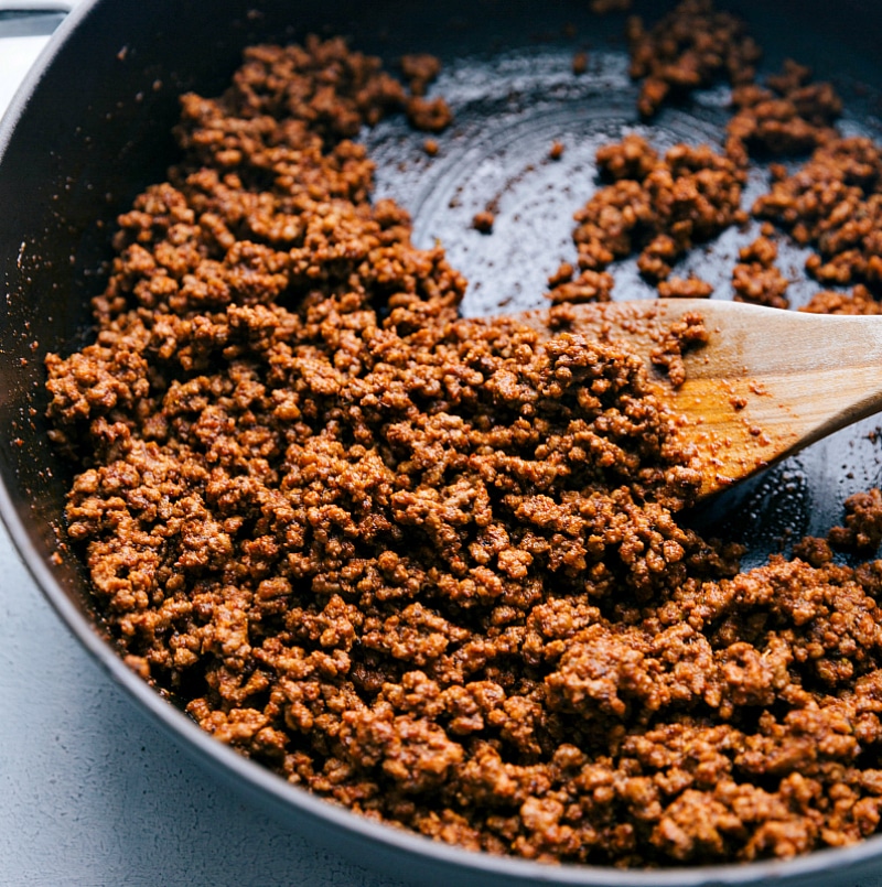 Process shot-- Image of the cooked and seasoned beef in a skillet.