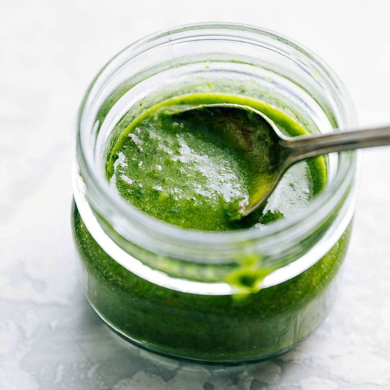 Image of the green sauce that tops Avocado Chicken Salad.