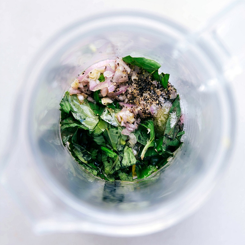 Overhead image of the green dressing that goes over this Avocado Chicken salad recipe.