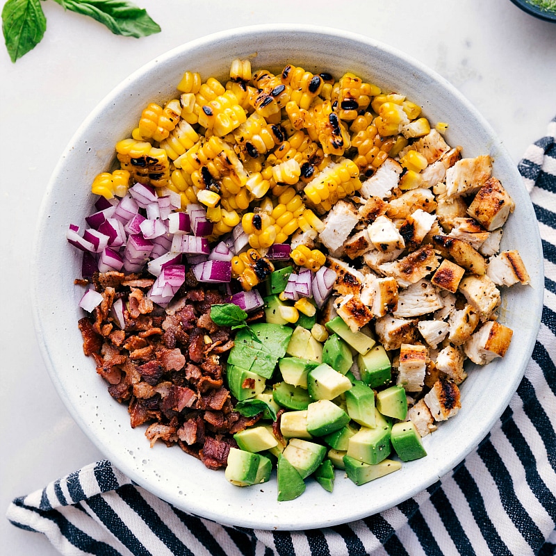 Overhead image of the ingredients assembled for this easy Avocado Chicken Salad.