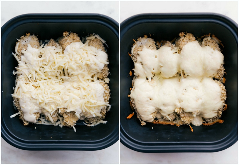 Image of the chicken in a pan, before and after baking.