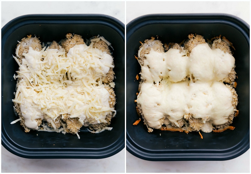 Chicken in an air fryer, before and after baking until well done with melted cheese on top.