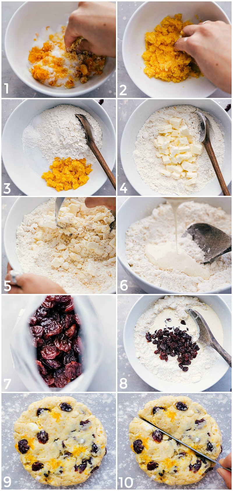 Process shot of the scone dough being made, showing all the ingredients being mixed together and then shaped into a dough ball.