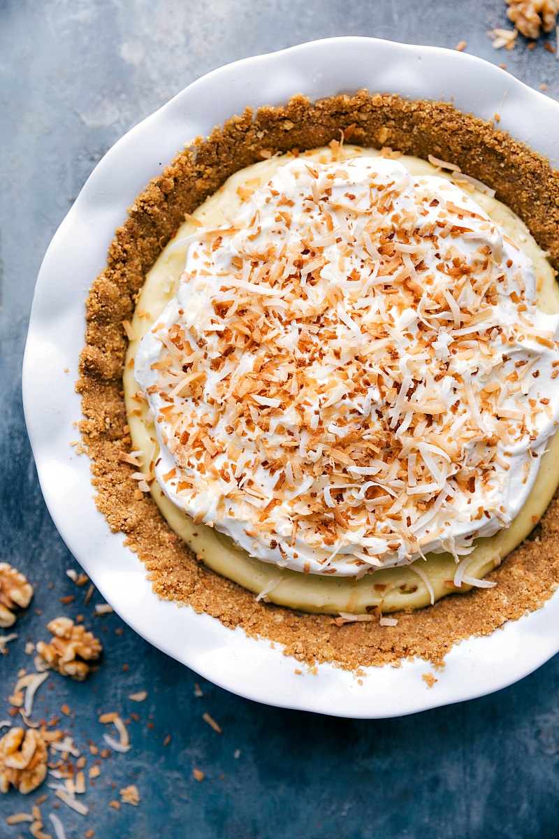 Overhead image of Coconut Cream Pie, ready to be served.