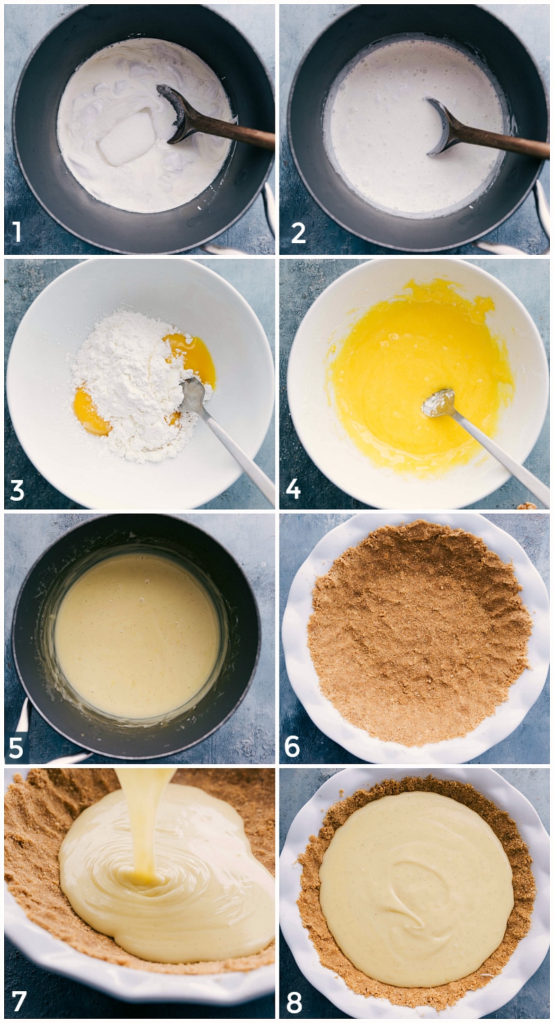 Process images of the Coconut Cream Pie being made; showing stovetop curd being poured into graham cracker crust and smoothed over.