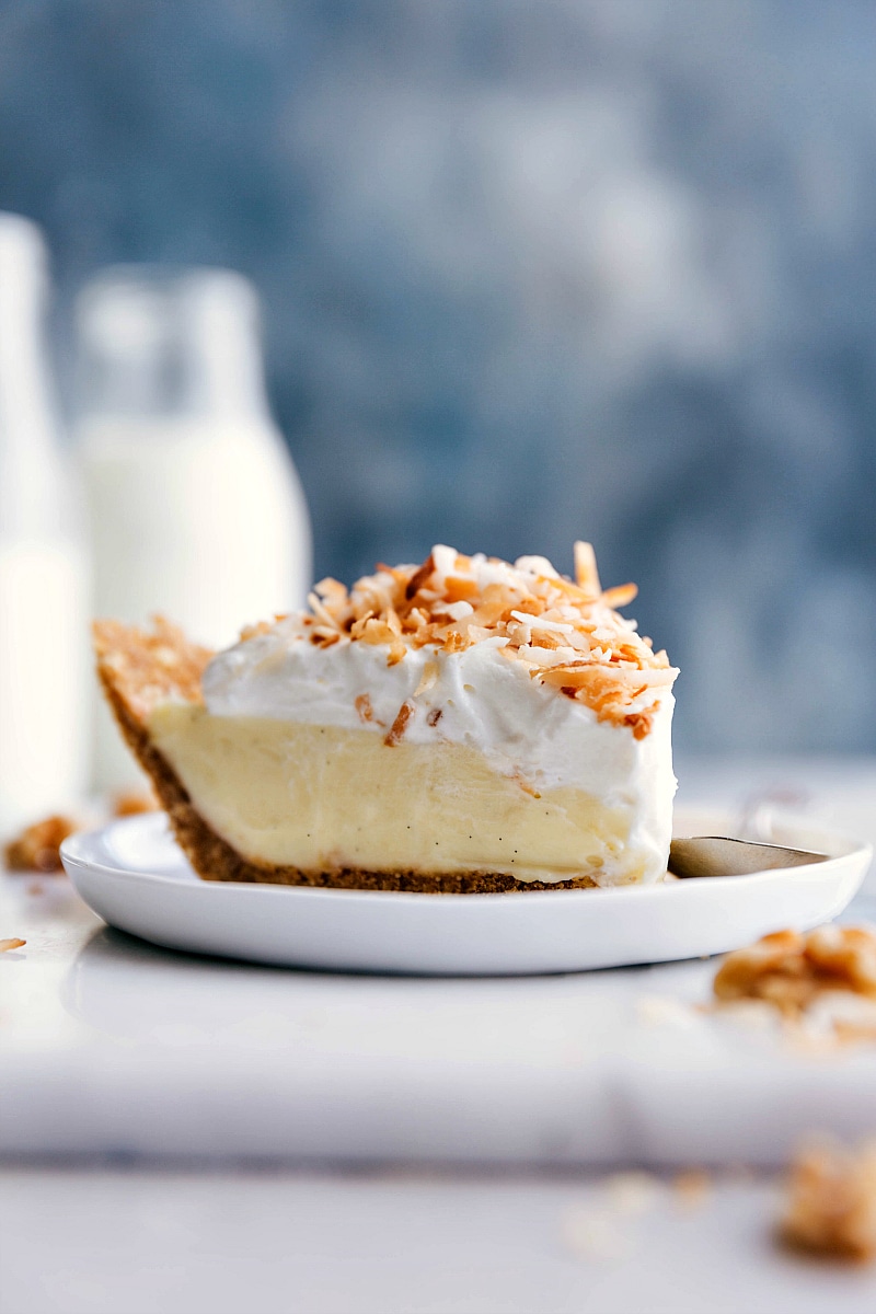 Image of a Coconut Cream Pie slice on a plate, ready to be served.