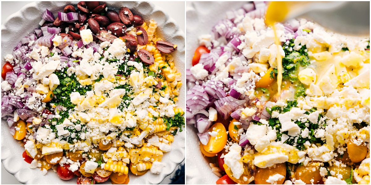 All the ingredients in this Greek orzo pasta salad added into a bowl and dressed.