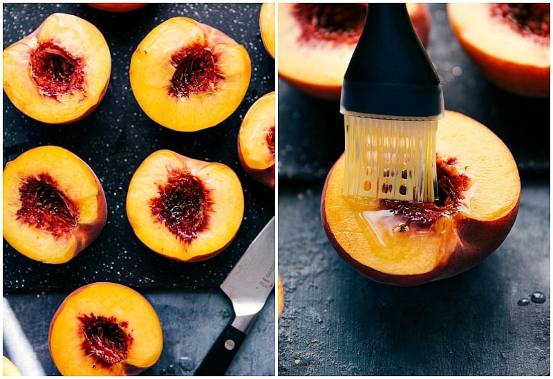 Process shot-- image of the halved peaches being brushed with oil to prepare them for the grill.