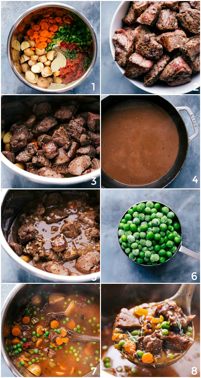 Fresh vegetables being added to the instant pot, followed by the seared beef going in, and then everything simmering and cooking together in the pot and then adding peas to complete the dish. 