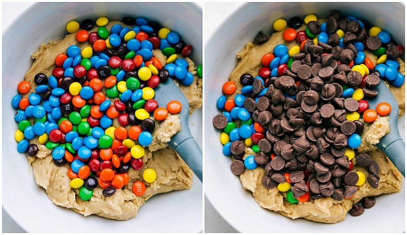 Process shot-- Image of the M&M's and chocolate chips being added to the dough for these cookies.