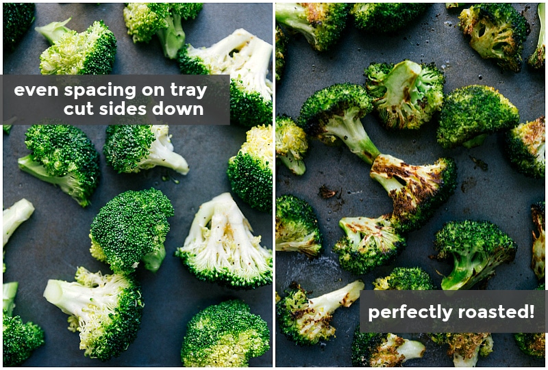 Process shot-- Image of the broccoli on a tray, showing them laid cut side down to get them cooked perfectly.