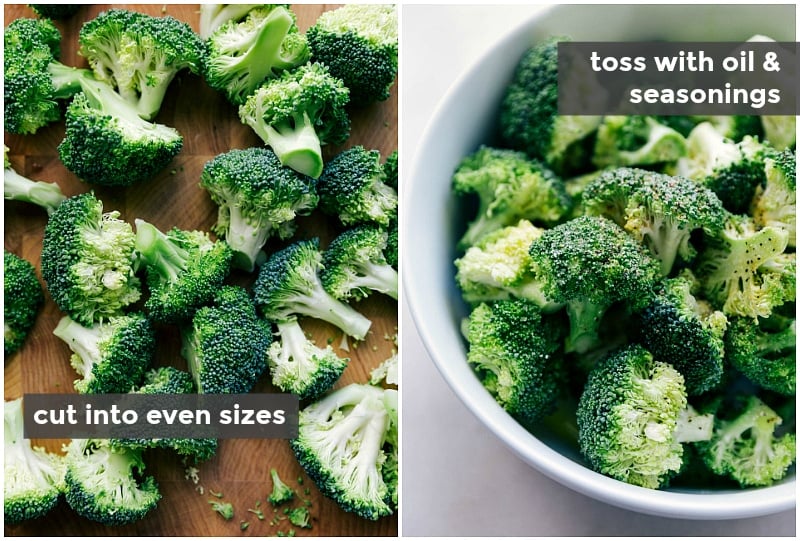 Fresh broccoli pieces being cut into even sizes and tossed with oil and seasonings, the first step in the roasted broccoli recipe.