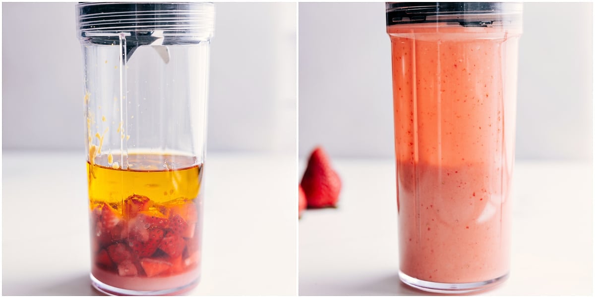 All the dressing ingredients added to a blender and blended together to make this strawberry vinaigrette.