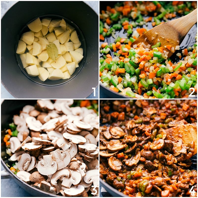 Process shots-- image of the Shepards pie being made: cooking potatoes; browning veggies; preparing mushrooms; putting it all together.