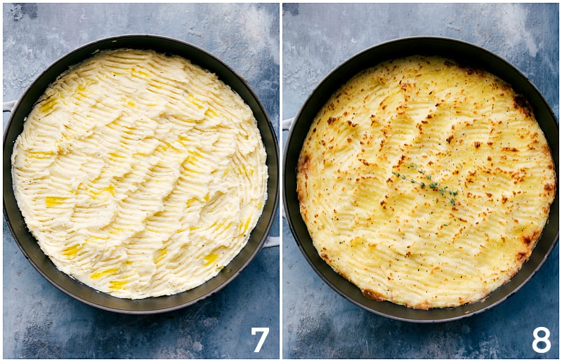 Images of the mashed potato topping, before and after broiling.