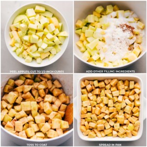 Apple filling being prepped and poured into a baking pan.