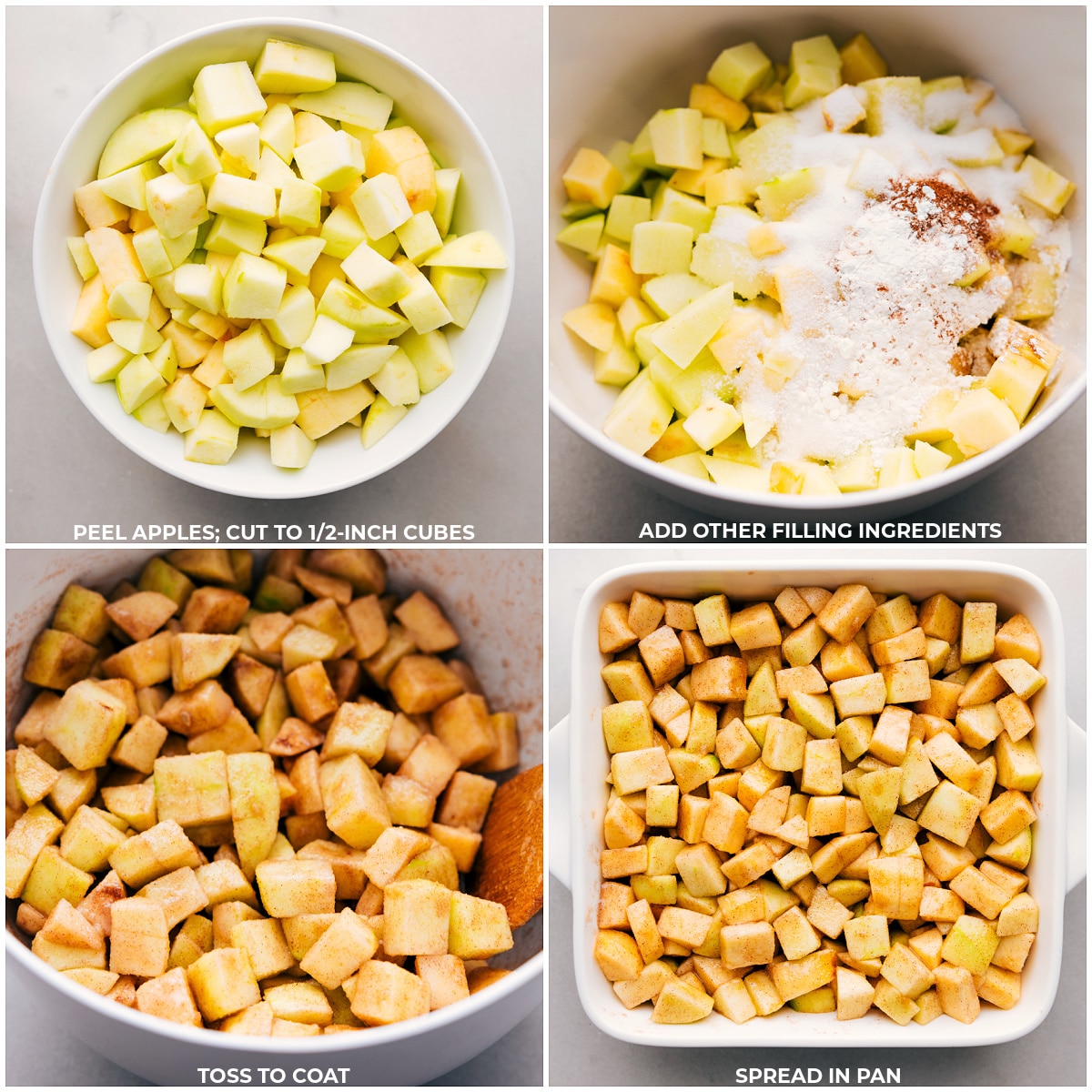 Prepping apple filling and pouring it into a baking pan.